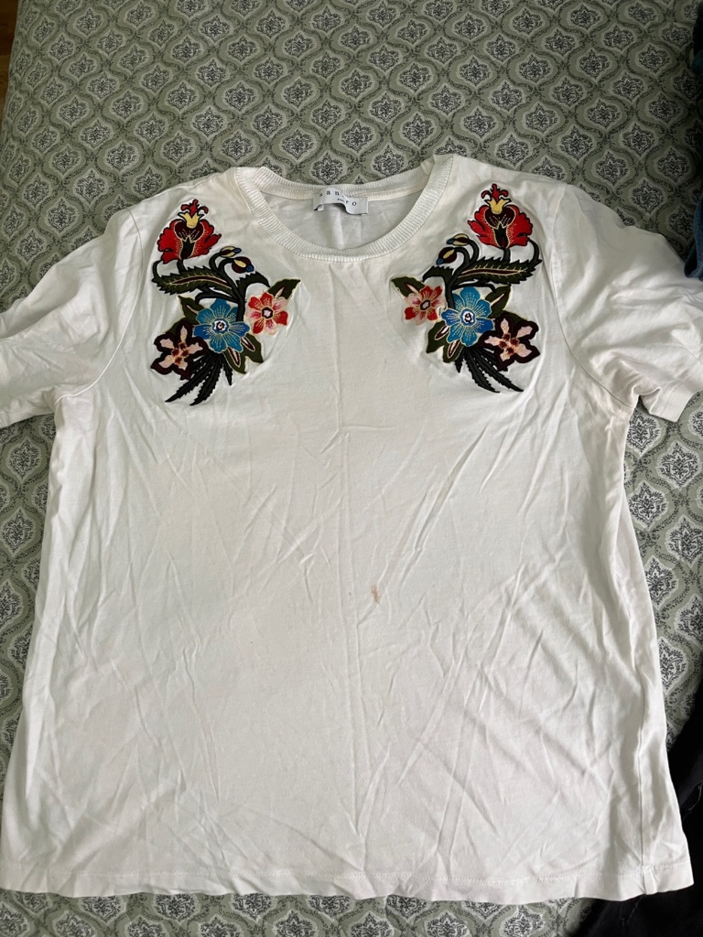 Sandro White Tee with Colorful Floral Embroidery
